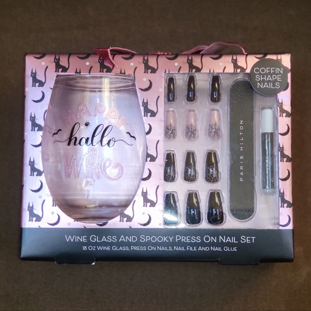 "Happy Hallo Wine" Glass & Press on Nail Set by Paris Hilton